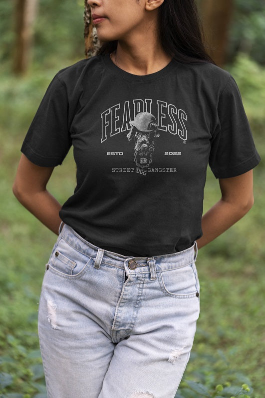 Woman wearing street dog gangster fearless design tee shirt