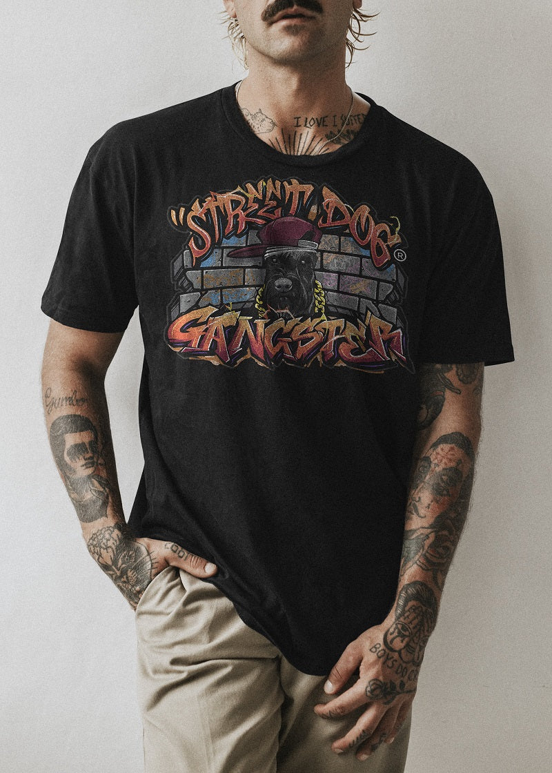 Man wearing street dog gangster graffiti design tee shirt