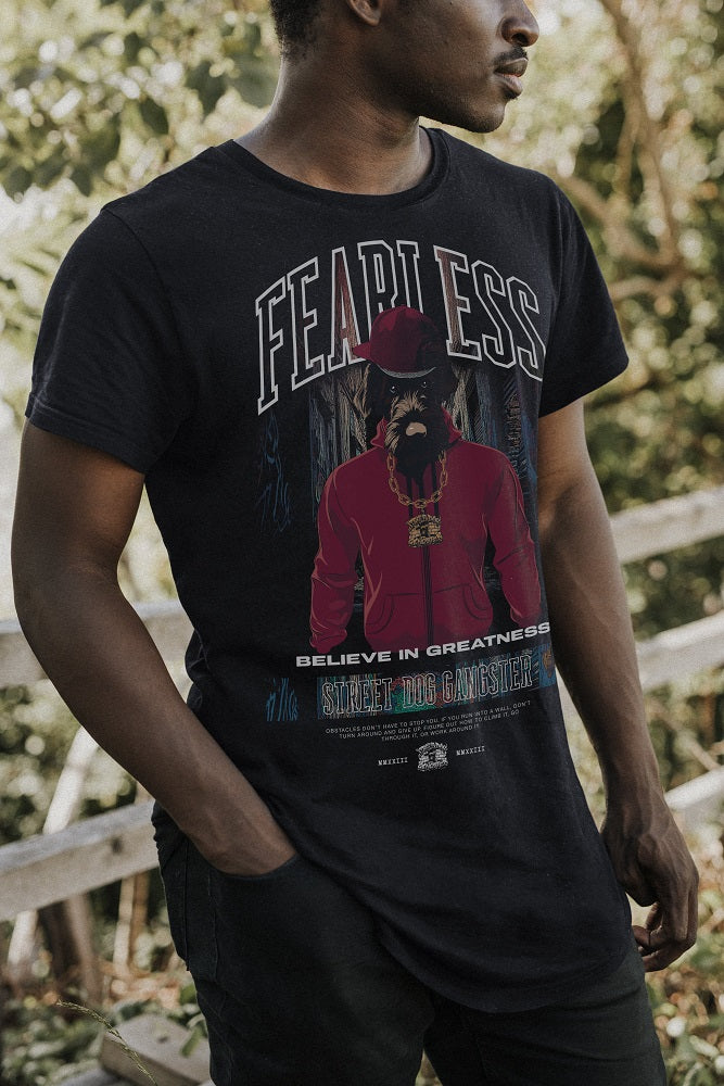 Man wearing fearless dog tee shirt